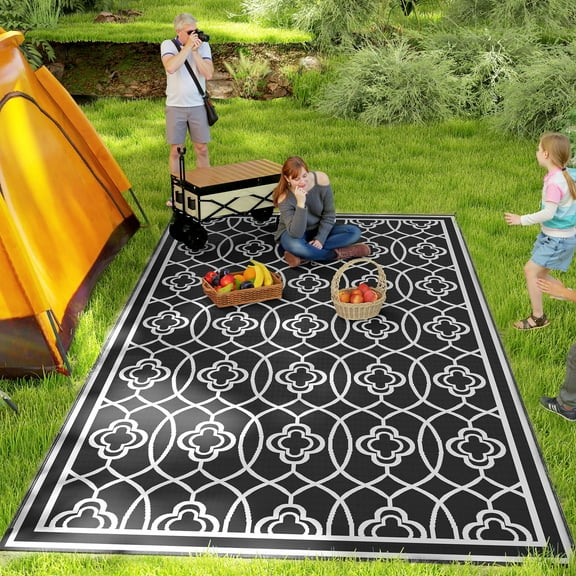 Outsunny Outdoor Patio Rug, Large Camping Carpet with Carrying Bag, 9' x 18' Waterproof Plastic Straw, Reversible, Black & White Lantern