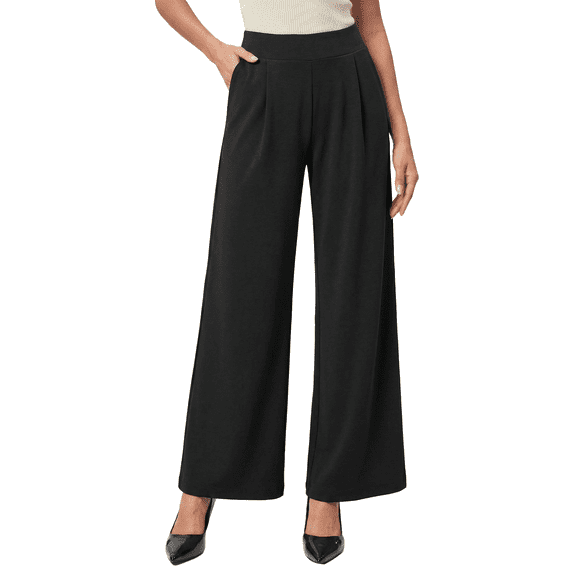 MLDRA Women Dress Pants High Waisted Wide Leg Work Pants Stretchy Elastic Waist Palazzo Trousers with Pockets Black