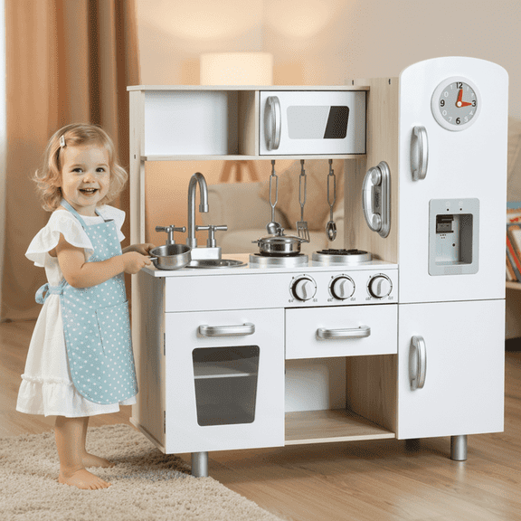 TLSUNNY Kids Play Kitchen Set, Toddler Wooden Kitchen Playset,Toy Kitchen with Telephone, Sink, Utensils for 3 , White