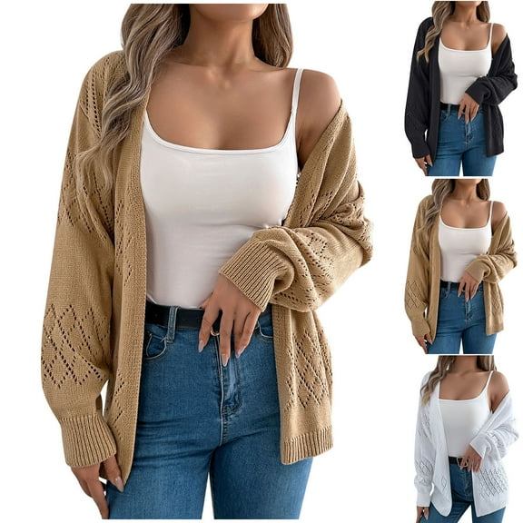 Brqkzdu Womens Crochet Knit Cardigan Sweaters Open-Front Long Sleeve Sweater Cardigan Loose Hollow Out Casual Fall Cardigans Tops