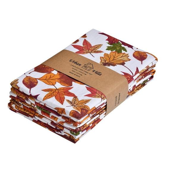 Urban Villa Harvest Kitchen Towel Fall Leaf Print Premium Quality100% Cotton Thanks Giving Dish Towels Mitered Corners,(Size: 20X30 Inch) Highly Absorbent Bar Towels & Tea Towels - (Set of 6)