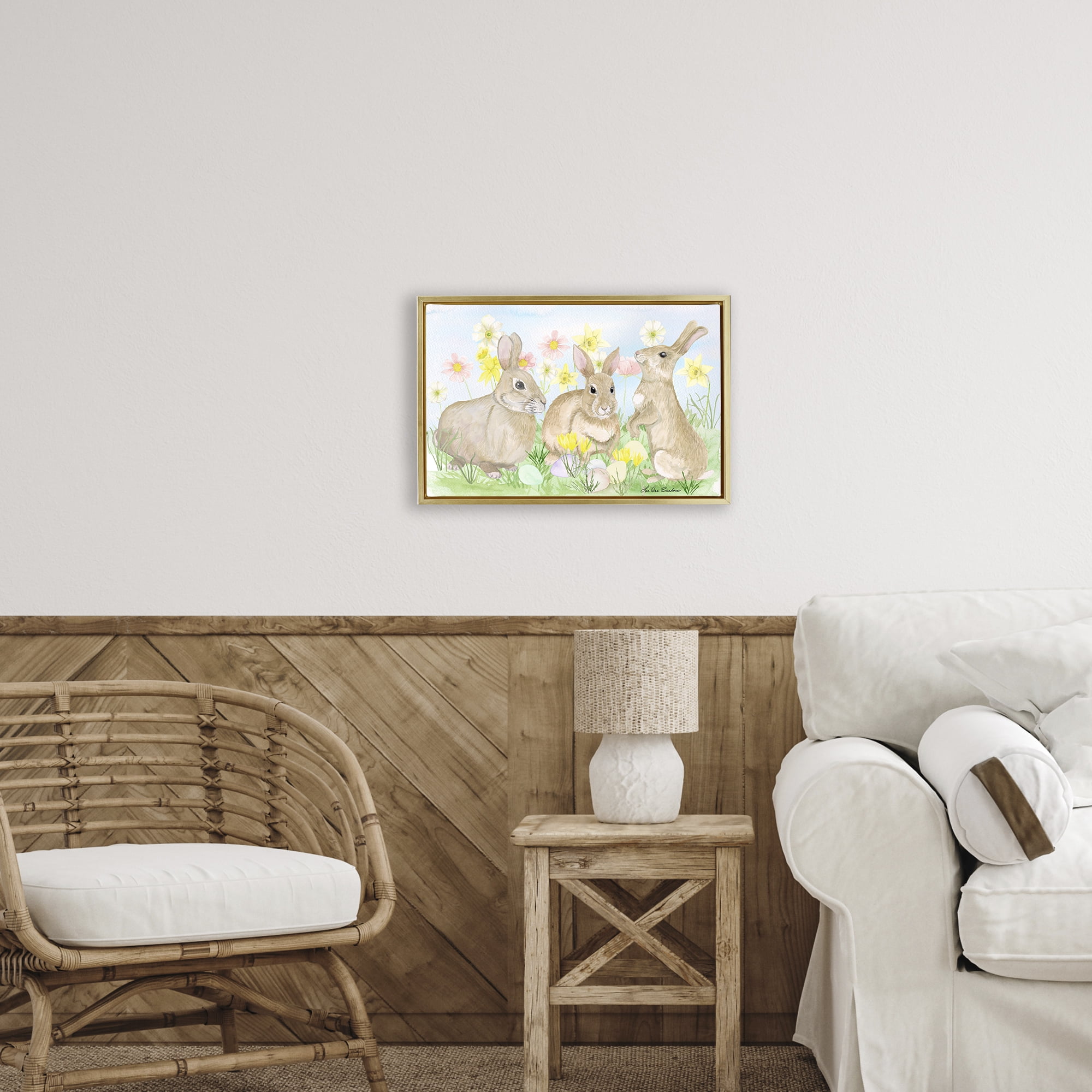 Three Bunnies In The Grass Gold Framed Floater Canvas Wall Art, design by Lee Ann Sanders