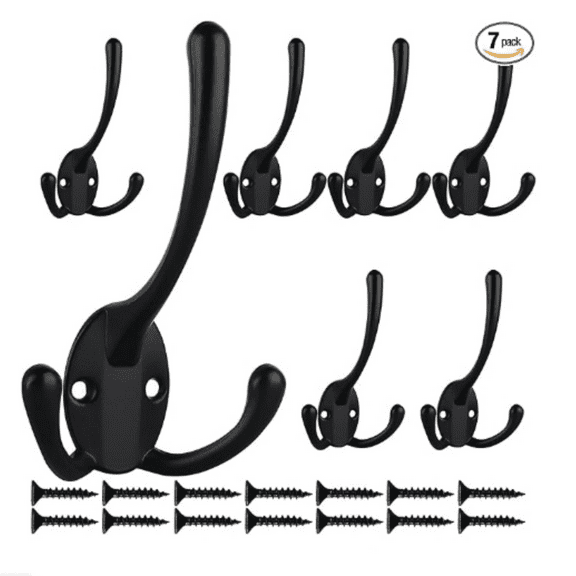 7 Pack Big Heavy Duty Triple Coat Hooks Wall Mounted with 14 Screws, Retro Double Utility Rustic Hooks for Thick Coat, Bag, Towel