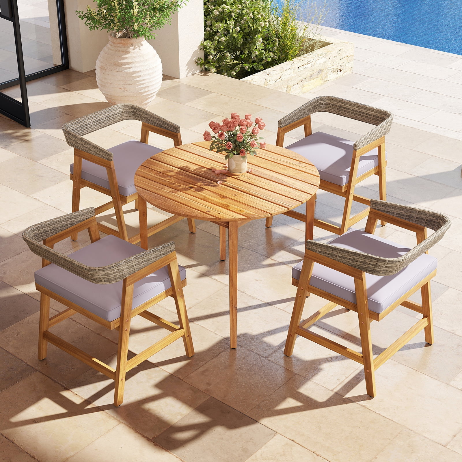 Costway Patio Chairs Set of 4 Outdoor Acacia Wood Dining Chairs with Cushions for Garden