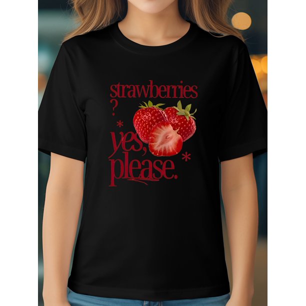 Camiseta de algodón de verano para niña, cuello redondo informal con estampado de fresas, tejido de punto 95 % algodón, 5 % elastano, corte regular, ligera, 180 g/m² - Rosa, niña