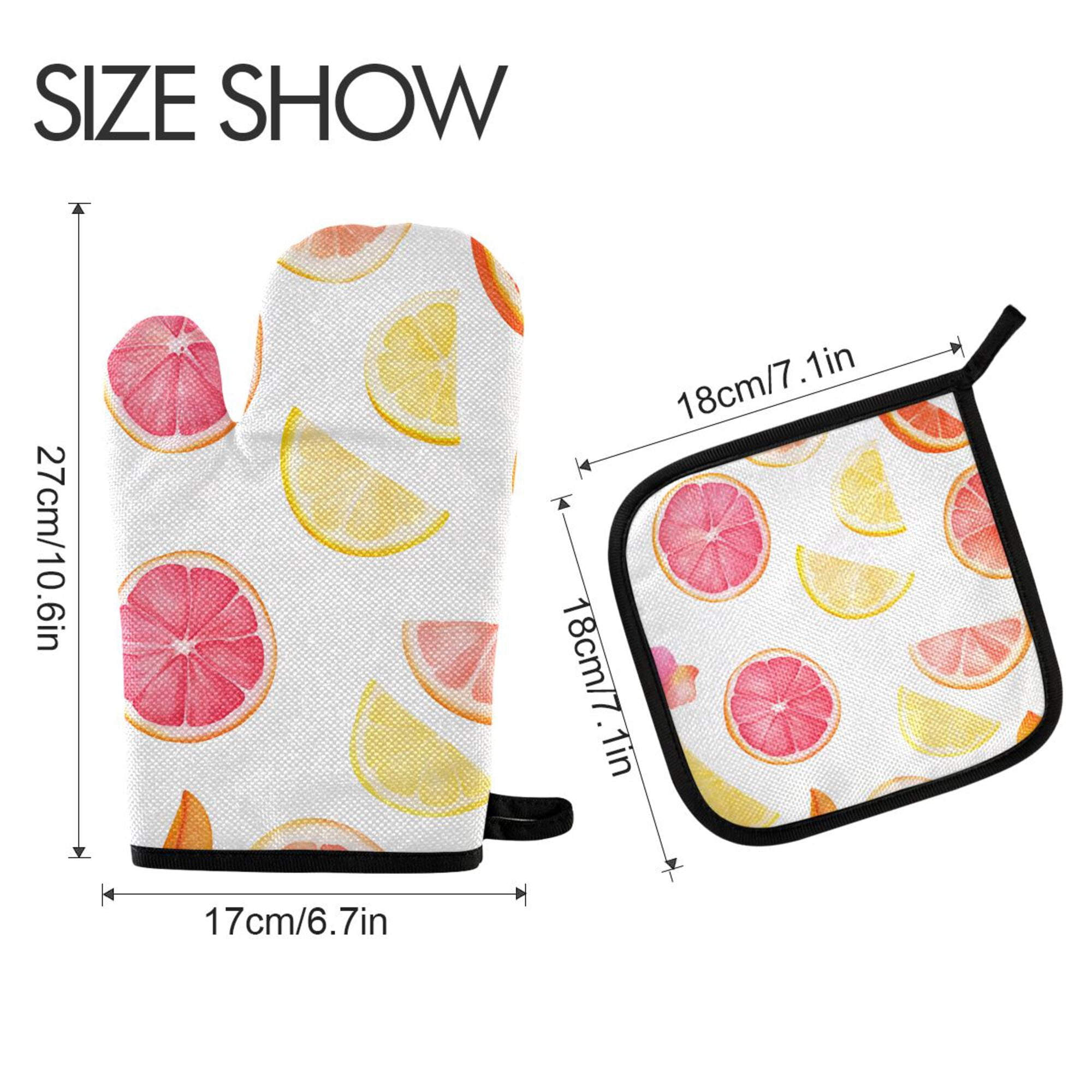 Yayeee Oven Mitts and Pot Holder Set of 4 Heat Resistant Kitchen Gloves Baking Hot Pad, White Grapefruit Slices