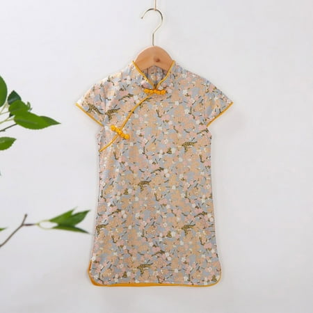 

Toddler Baby Girls 18M-6Y Short Sleeve Cartoon Floral Printed Flowers Tang Suit Dresses Cheongsam Princess Dress