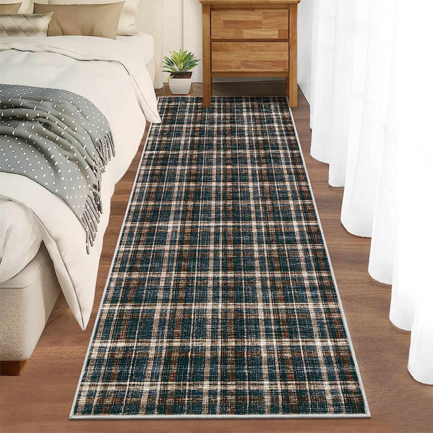 FairOnly Modern Geometric Plaid Non Slip 2'x6'Runner Rug British Style Machine Washable Soft Non Shedding Rug for Kitchen Hallway,Black Brown