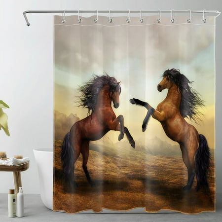 HVEST Brown Horse Shower Curtain Decor,Rustic Farmhouse Western Farm Animal on Mountain Nature Shower Curtains for Bathroom 60X72 inch Polyester Fabric Bathroom Decoration Bath Curtains Hooks Included