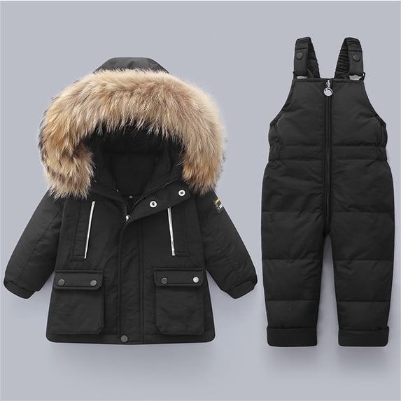 Toddler Baby Girl Winter Snowsuit Set Toddler Hoodied Down Coat Jacket Top + Suspenders Pants Winter Clothes for Kids Boys Girls(1-5 Years),Black,3-4 Years