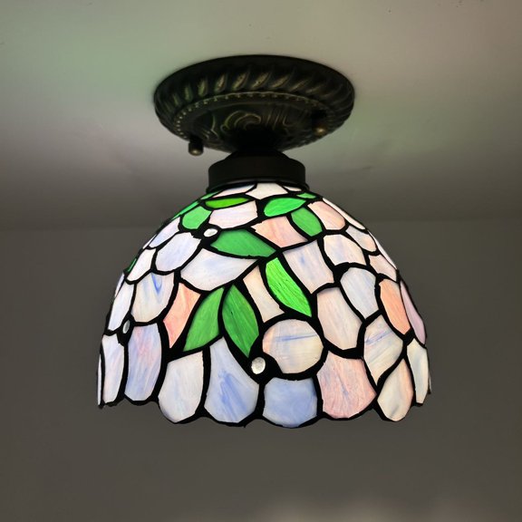 Tiffany Ceiling Lights Fixture Purple Stained Glass Green Leaves LED Bulb Included for Living Room Bedroom Kitchen 8”W*8”D*8”H