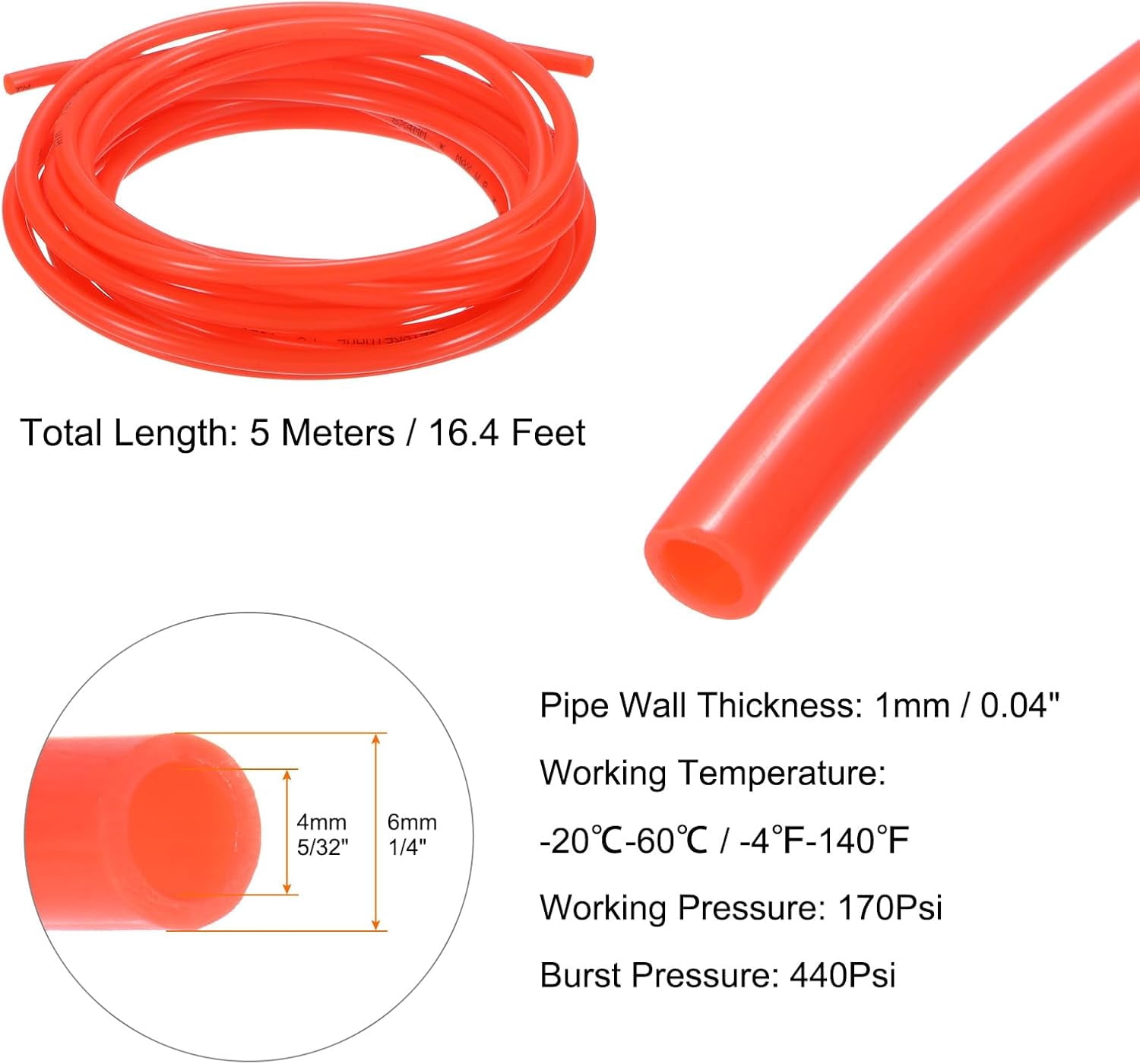 MKEUDQ-Pneumatic Tubing Pipe Pu Hose 6mm OD x 4mm ID 5 Meters(16.4 FT) Air Compressor PU Polyurethane Line Hose Tube for Air Compressor Water Fluid Transfer, Red
