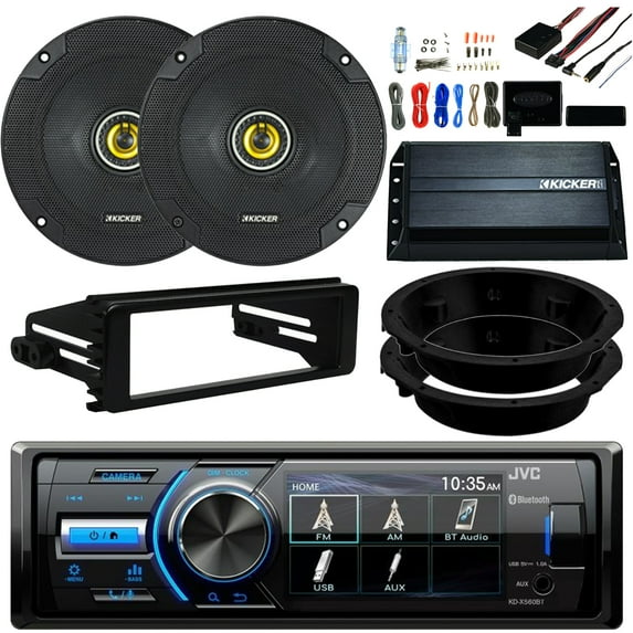 Stereo Bluetooth Receiver w/ Dash Kit Bundle Combo With 2x Kicker 6.5" Speakers w/ Adapter Brackets + Handle Bar Control For 98-2013 Harley Motorcycle + 200W Amp With Install Kit