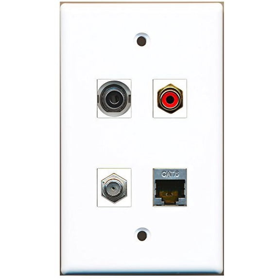RiteAV - 1 Port RCA Red 1 Port Coax Cable TV- F-Type 1 Port Shielded Cat6 Ethernet 1 Port 3.5mm Wall Plate
