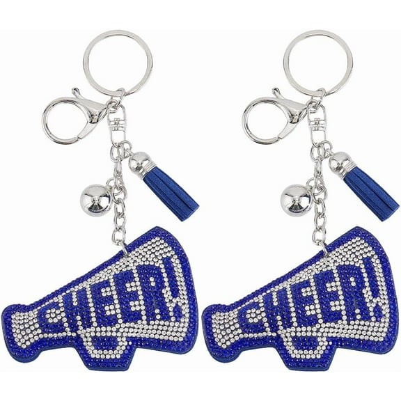 1 Box 2Pcs Cheer Keychain Bulk Megaphone Key Chains Blue Large Bling Word Inspiration Alloy Keyring Tassel Cheerleading Key Rings