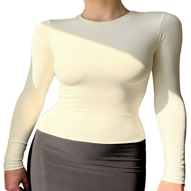 Femmes Chemise à Manches Longues Slim Fit Cou Basique Pull Tops