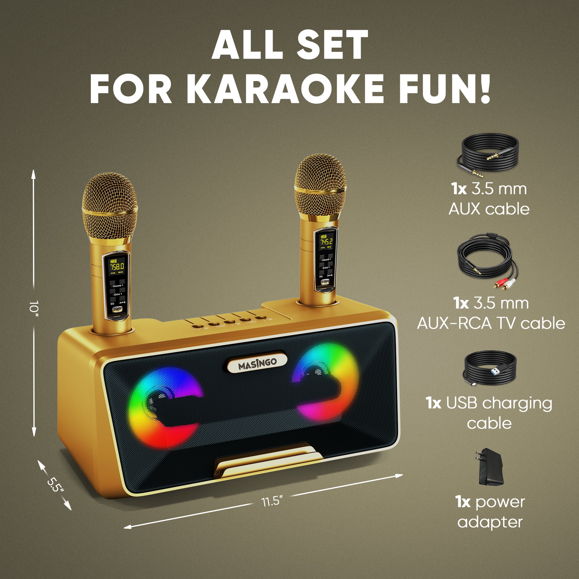 MASINGO Karaoke Machine for Adults and Kids with 2 Wireless Microphones, Portable Bluetooth Singing Speaker, Colorful LED Lights, PA System, Lyrics Display Holder & TV Cable - Presto G2 (Gold)