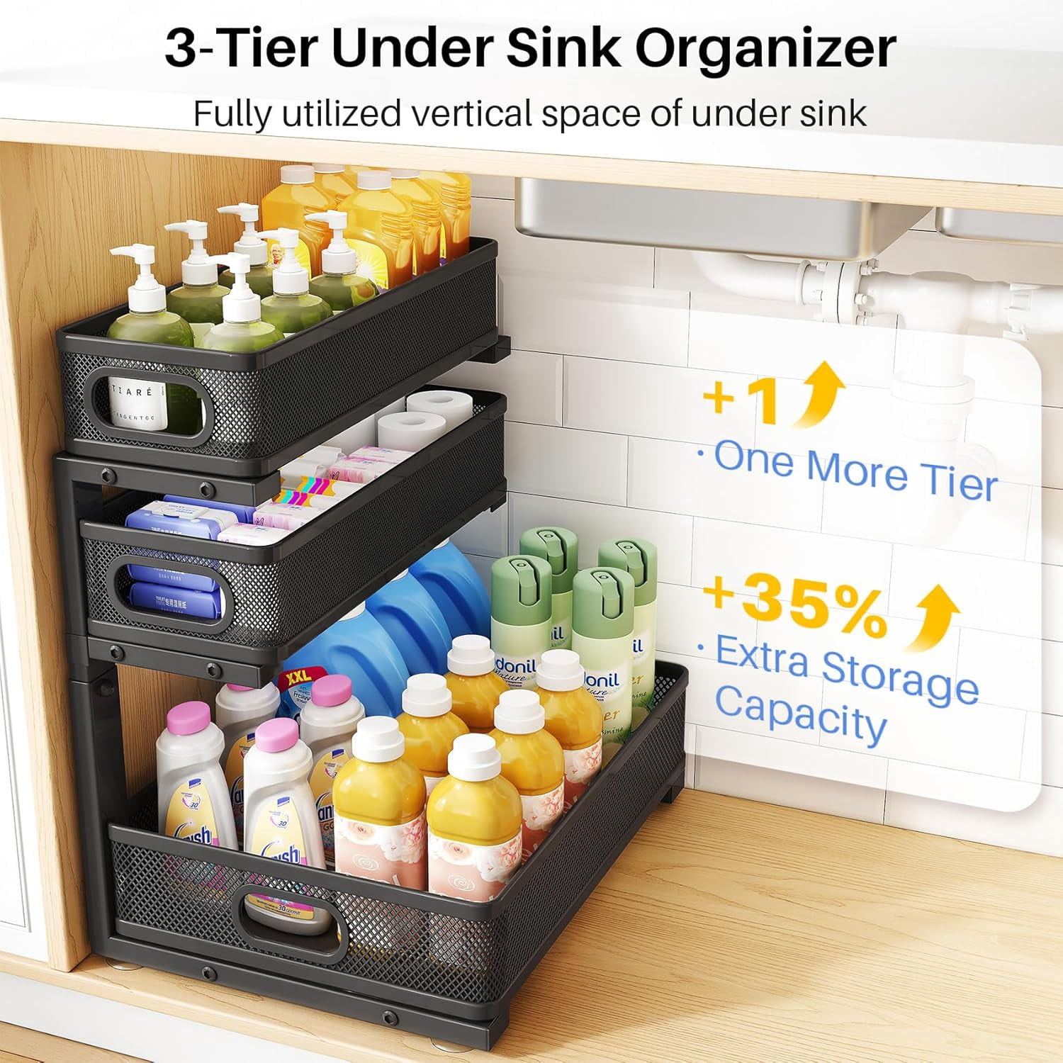 HERJOY Under Sink Organizer, 2-Pack 3-Tier Height Adjustable Thickened Metal Pull out Cabinet Organizer Shelf, Slide out Storage Drawer Rack for Bathroom Kitchen Pantry Home Laundry Organization