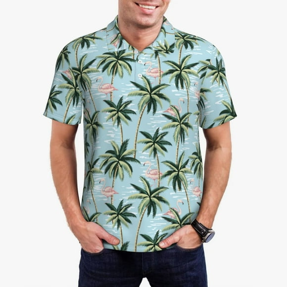 Saiise Chemise de Golf pour Hommes Imprimé Flamants Roses et Palmiers Évacuation de l'Humidité Séchage Rapide Polo Performance pour Hommes-4TG