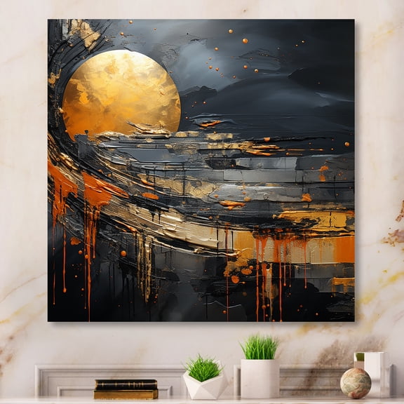 Designart "Marble Moon in Black and Orange II" Abstract Wall Art - Modern Black Abstract Modern Shapes Entryway Wall Art