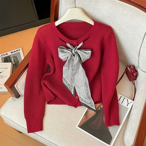 Cárdigan de punto de nicho con diseño hueco nuevo de otoño e invierno coreano, temperamento femenino, estilo elegante con chaqueta de suéter con bufanda