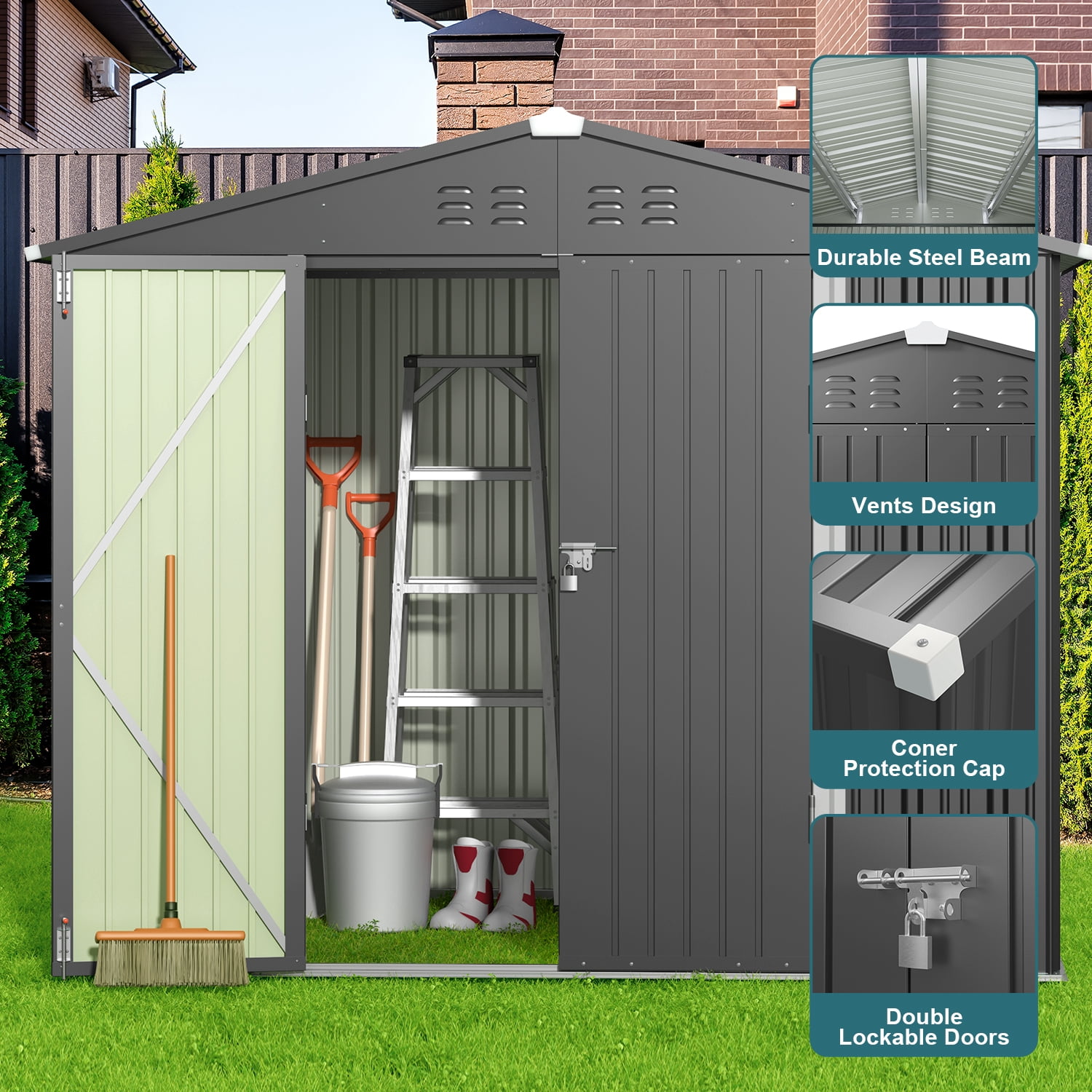 Lofka 8x6 FT Outdoor Storage Shed Lockable Waterproof Rust Resistant Garden Tool Shed Dark Grey