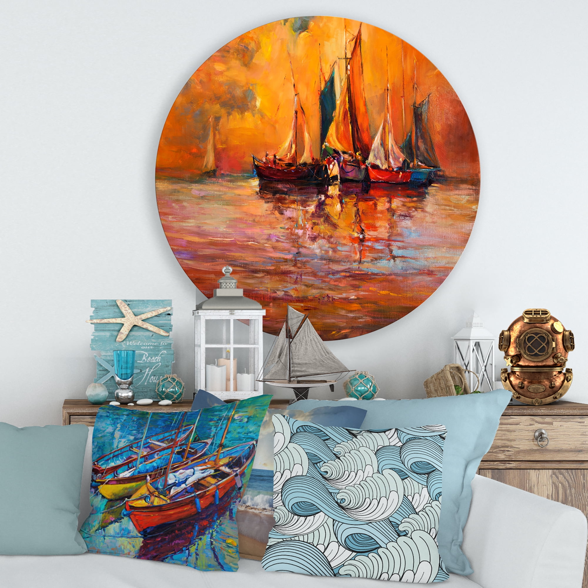 Designart 'Boats During Evening Sunset In The Ocean I' Nautical & Coastal Circle Metal Wall Art 29x29 - Disc of 29