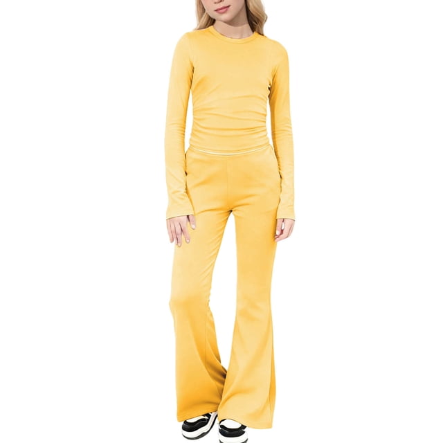 HAiming Ensemble 2 Pcs pour Filles, Manches Longues, Col Rond, Haut à Enfiler, Pantalon Évasé, Tenue Unie