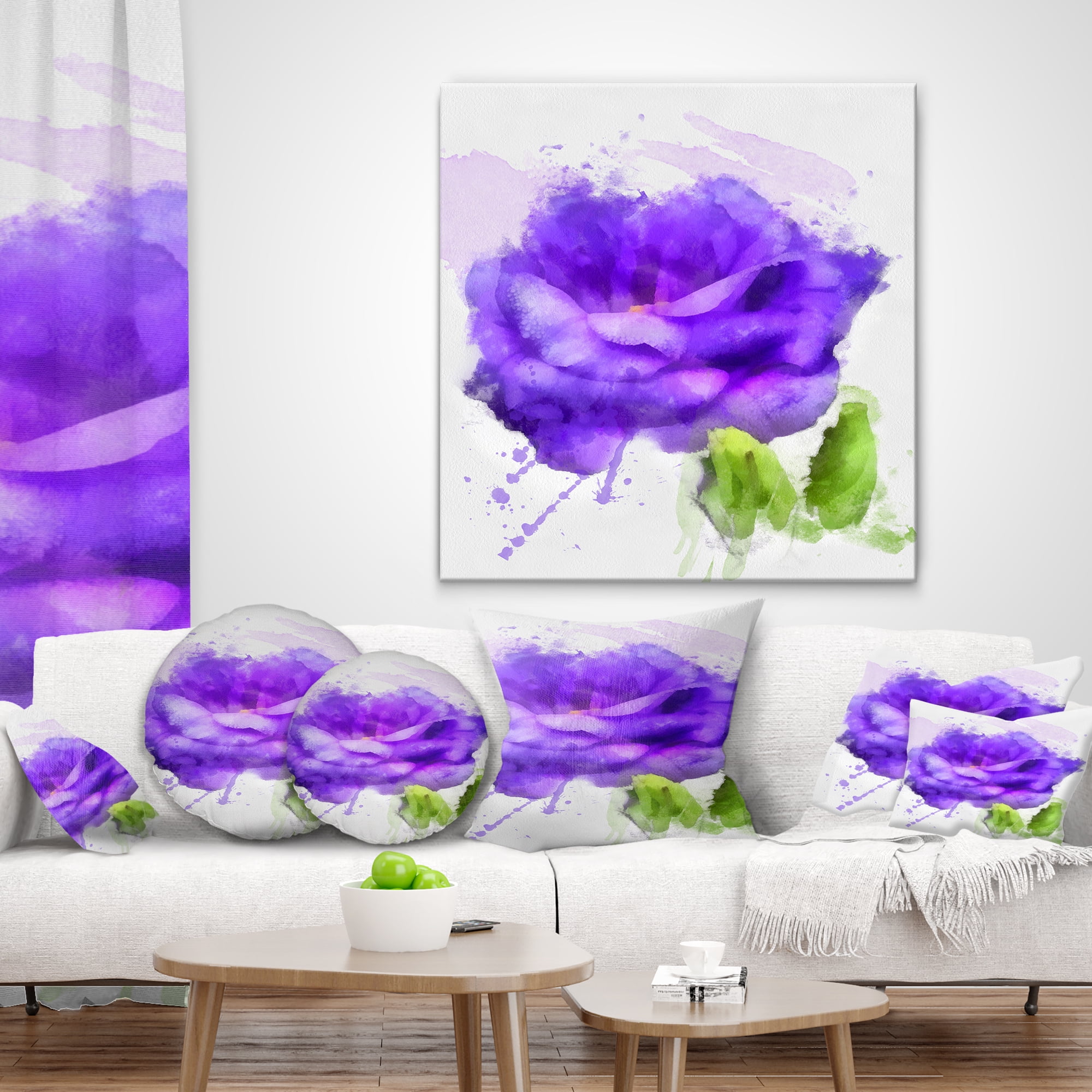 Designart Blue Rose Flower with Paint Splashes - Floral Throw Pillow - 16x16