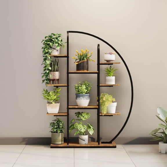 imerelez 62.2 Inch Tall Metal Indoor Plant Stand with Grow Lights, 9 Tier Moon-Shaped Plant Shelf with LED Light, Large Multi-Tier Flower Rack Display Plant Holder for Living Room Balcony