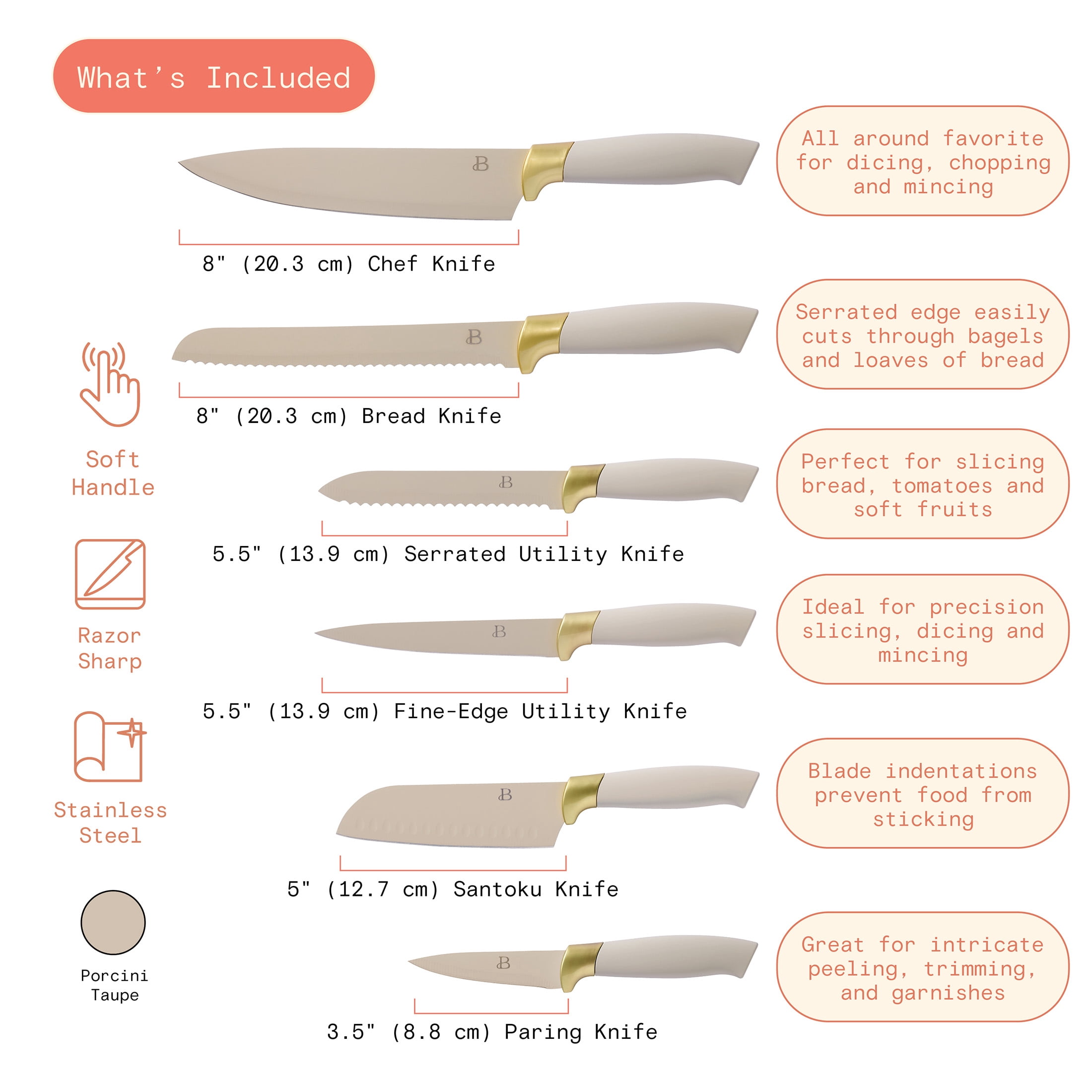 Beautiful 6-Piece Soft Grip Knife Set Porcini with Gold Accent by Drew Barrymore