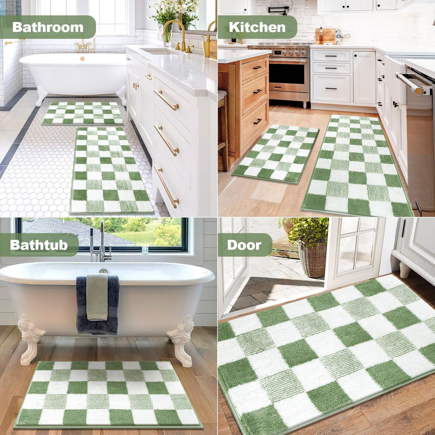 Bathroom Rugs, Yamaziot Checkered Green Bath Rugs Runner with Toilet Mat, Non Slip Water Absorbent Microfiber, 4 Count