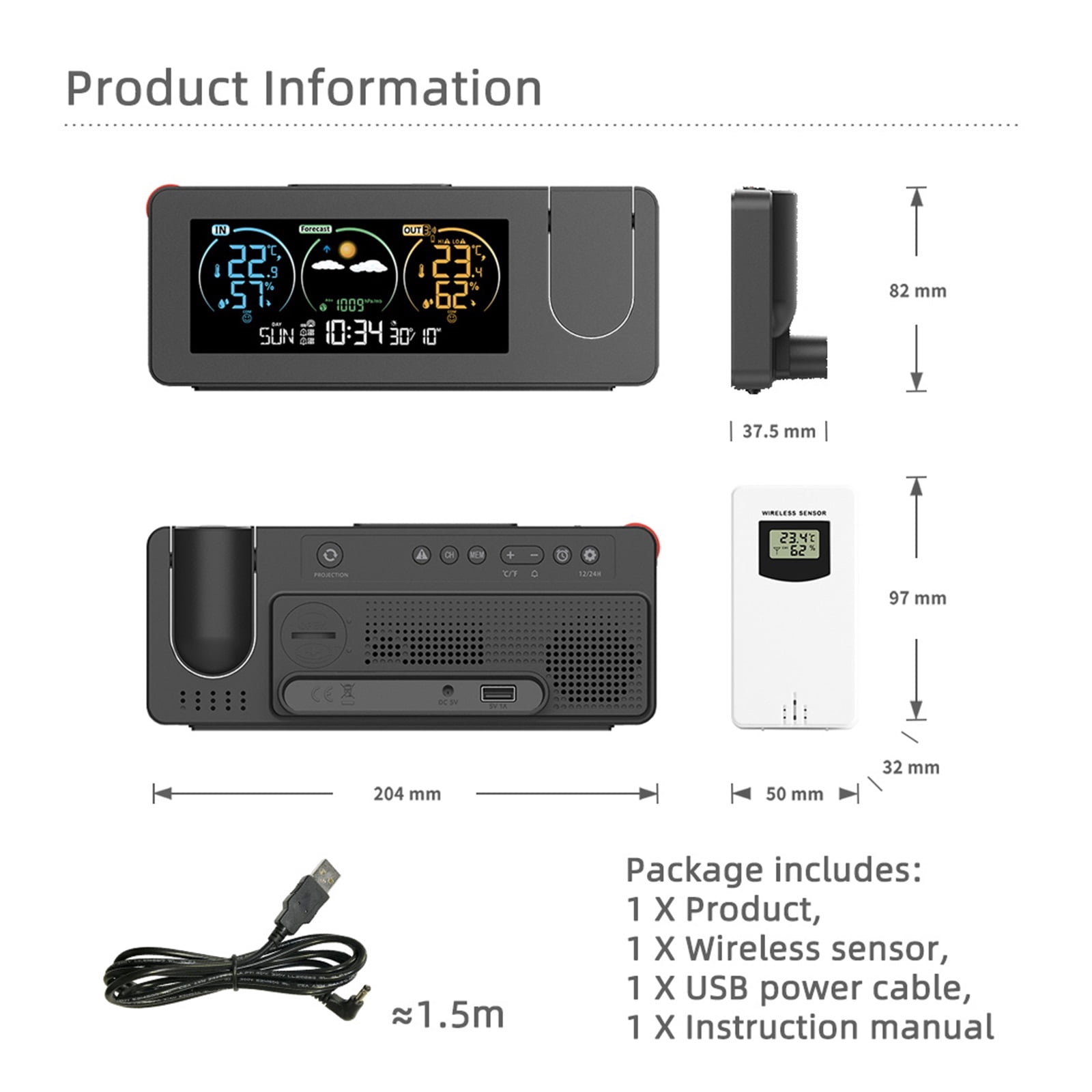 Wireless Projection Weather Station, Digital Color Screen Forecast Clock