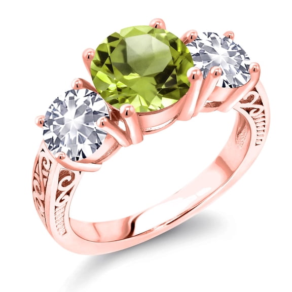 Gem Stone King 18K Rose Gold Plated Silver Green Peridot and White Created Sapphire Engagement Ring for Women | 4.07 Cttw | Round 8MM | Gemstone August Birthstone | Size 7