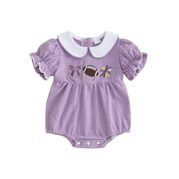 Baby Girls Football Outfit Rugby Bow Embroidery Smocked Bubble Romper Doll Collar Striped Short Sleeve Jumpsuit Game Day Clothes