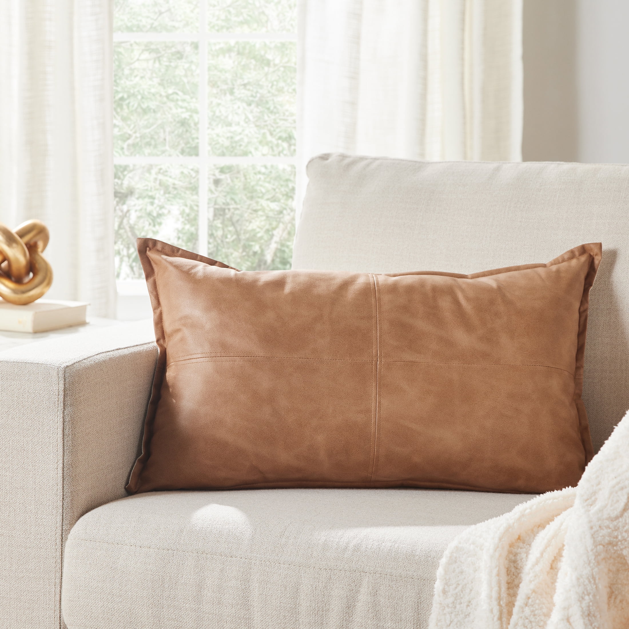Better Homes & Gardens 14" x 24" Beige Vegan Leather Decorative Pillow