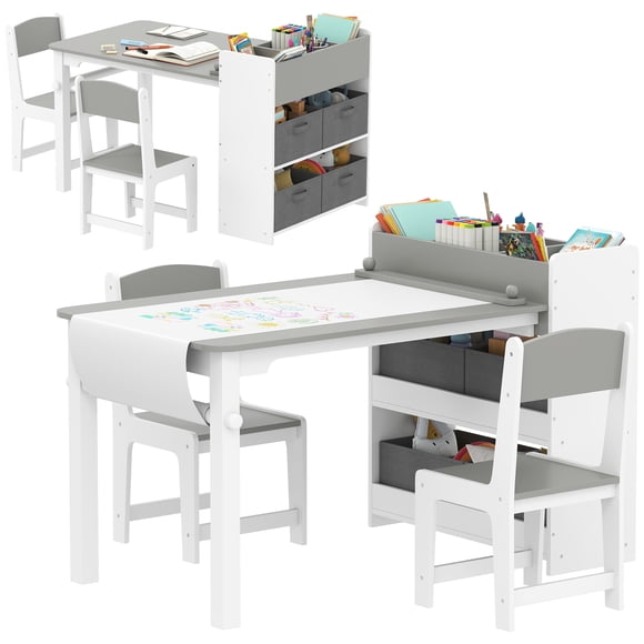 Qaba Kids Table and Chair Set with Paper Roll, Craft Table, Grey