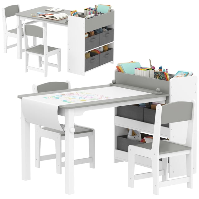 Qaba Kids Table and Chair Set with Paper Roll, Craft Table, Grey
