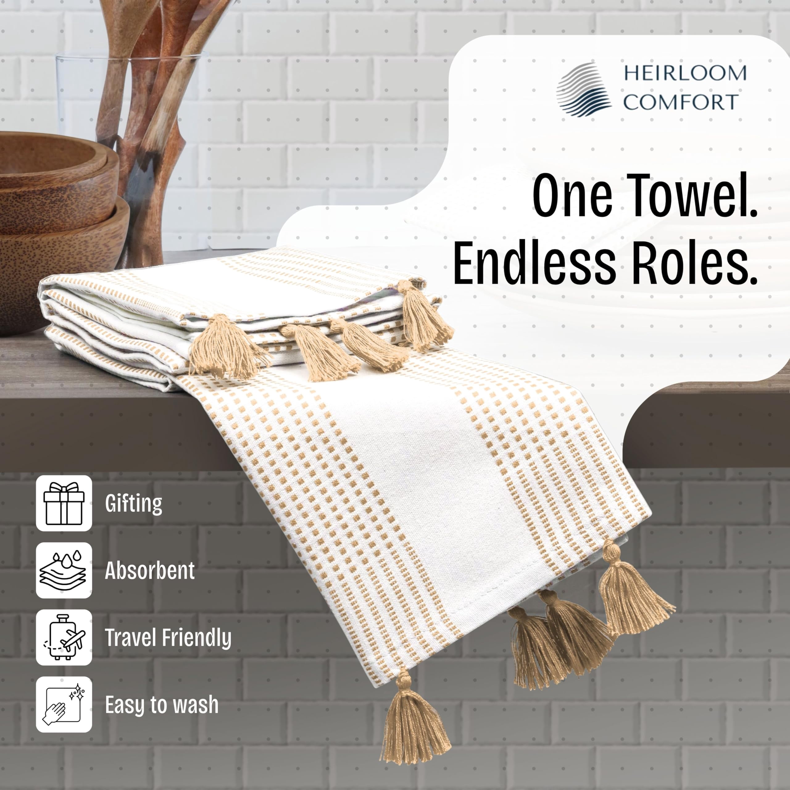 HEIRLOOM COMFORT Beige Decorative Dotted Kitchen Towels 16x26 Inch, 5 Pack, Soft, 100% Cotton, Absorbent & Fast-Drying Dish Towels with Tassels, Ideal for Cleaning, Drying Dishes, and Daily Use