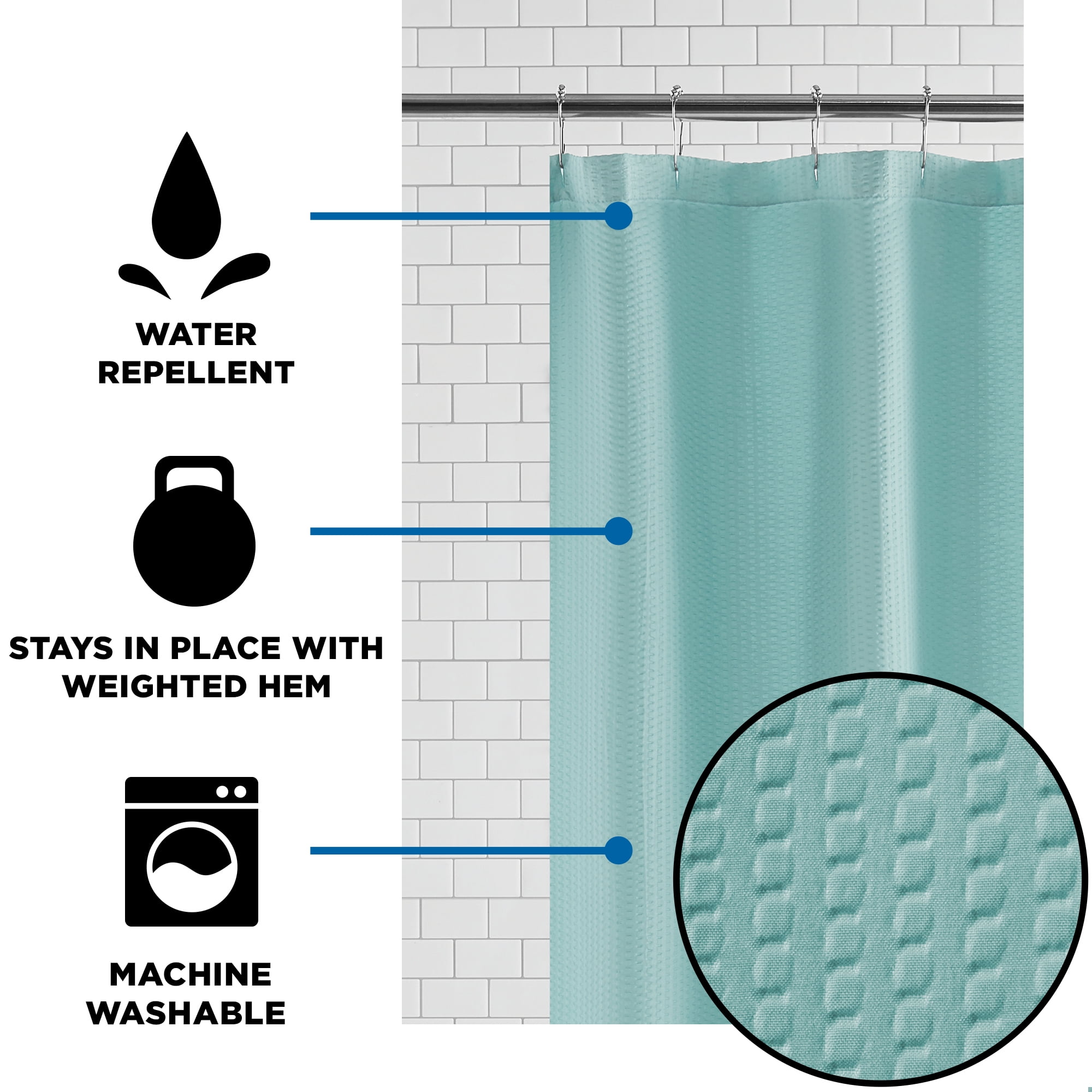 Mainstays Classic Mint Water-Repellent Embossed Microfiber Fabric Shower Liner, 70" x 72"
