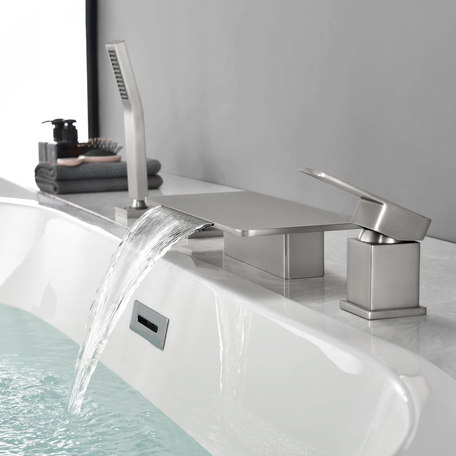 Cobbe Bathroom Bathtub Faucet Set Single Handle with 11.02-Inch Wide Bathtub Spout and Handheld Shower 4-Hole Deck Mount Tub Faucet Brushed Nickel