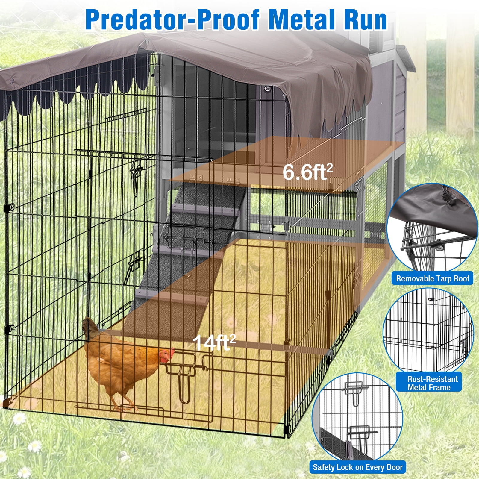 Suumerpety Chicken Coop with Wheels & Metal Run for 4-6 Chickens, Chicken House with Leak-Proof Tray, UV-Resistant Roof & Nesting Box for Outdoor Backyard, Gray