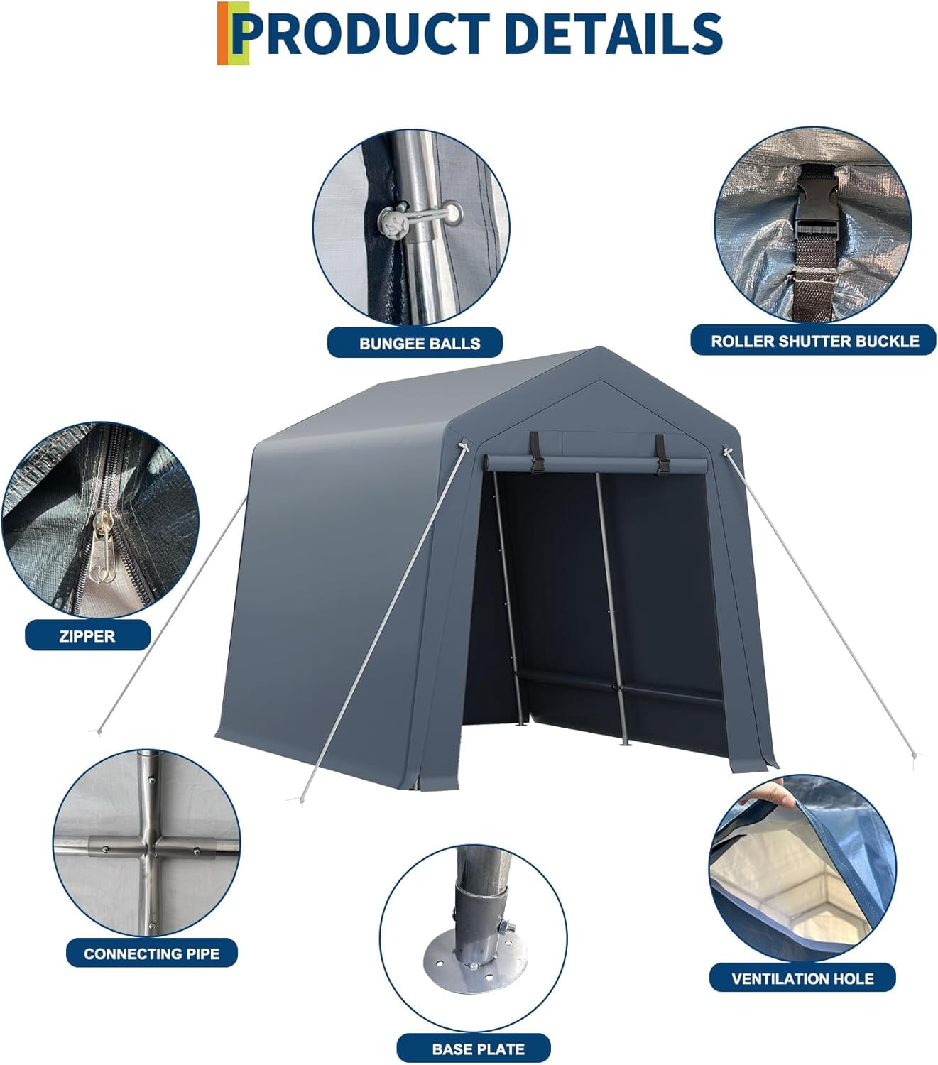 7x10ft Outdoor Carport Portable Storage Shed w/ Roll-Up Door & Vent Heavy-Duty Shelter Waterproof PE Tarp, for Motorcycle, Firewood, Garden and Tools
