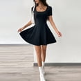 thumbnail image 5 of Women Solid Square Neck Short Sleeve Bodycon Flared Mini Dress, High Stretch Slim Fit A-Line Skater Dress, Casual Club Party Going Out Cute Dresses Black XL(XL), 5 of 6