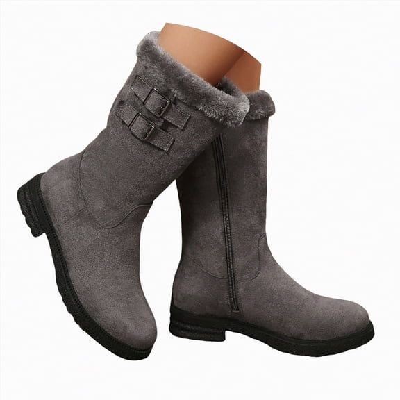 UngA Womens Winter Boots Fuzzy Mid Calf Boots Thermal Lined Wedge Warm Womens Snow Boots Grey,Size 8