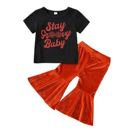 

Toddler Outfit Sets Summer Baby Girls Short Sleeve Letter T Shirt Tops Velutum Bell Bottomed Flare Pants 2Pcs Kids Clothes Suit