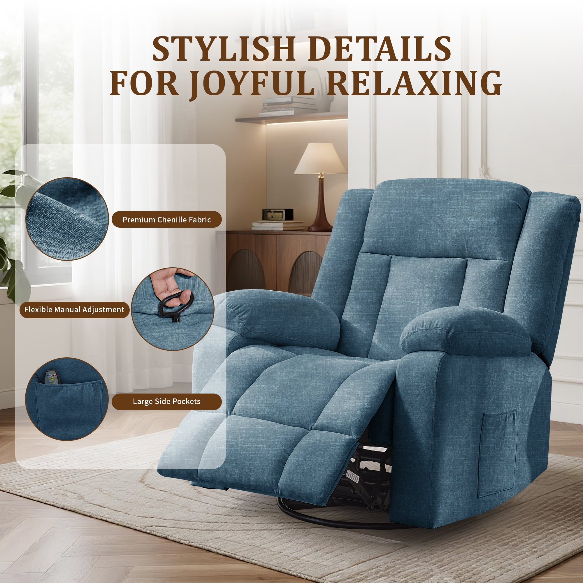 YSICK Swivel Rocker Recliner Chair with USB Ports Chenille
