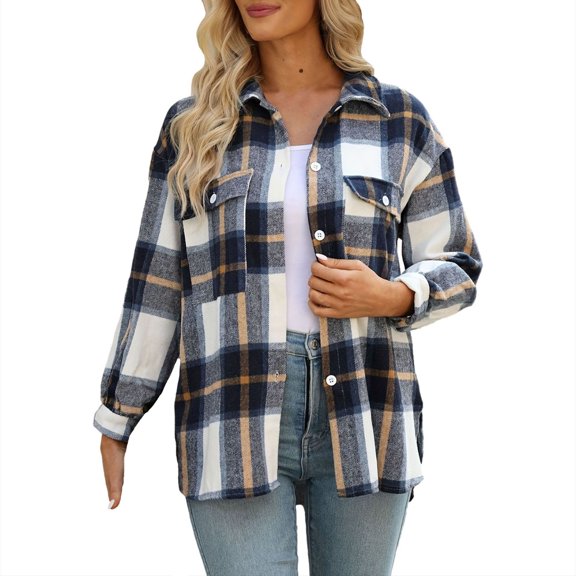 Winter Savings Clearance! Lindreshi Long Sleeve Shirts for Women Fashion Women Plaid Printing Cardigan Button Coat Blouse Outwear Shirts Outwear
