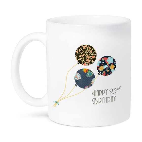 3dRose, Happy 93rd Birthday - Modern stylish floral Balloons. Elegant black brown blue 93 year old Bday, 11oz Mug