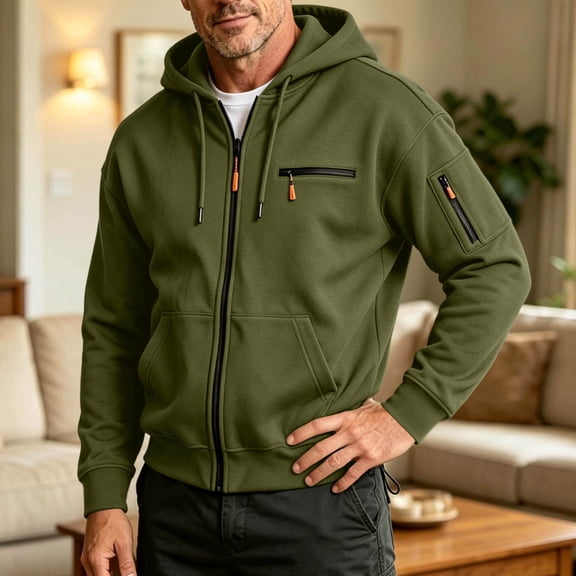 Men's Hooded Sweatshirt With Zipper Solid Long Sleeved Cardigan Casual Fashionable Coats
